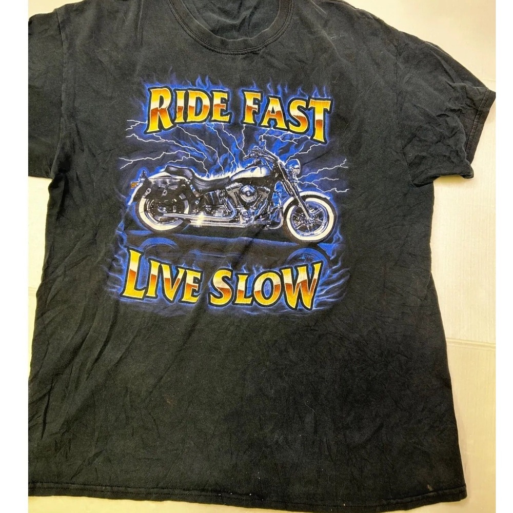 Black Gildan Heavy Cotton Graphic T Shirt Ride Fast Live Slow Motorcycle LG